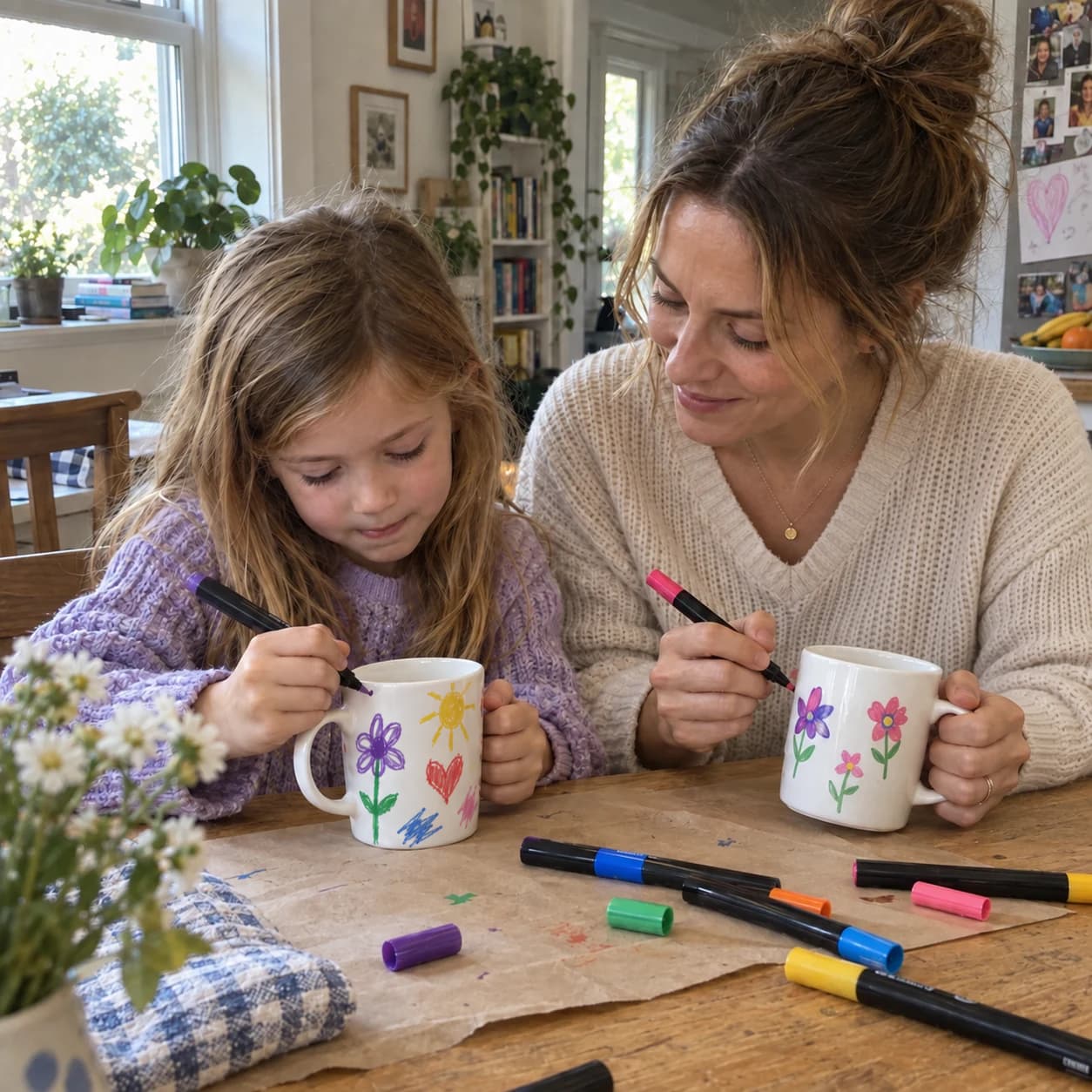 A mother and daughter decorating mugs together
