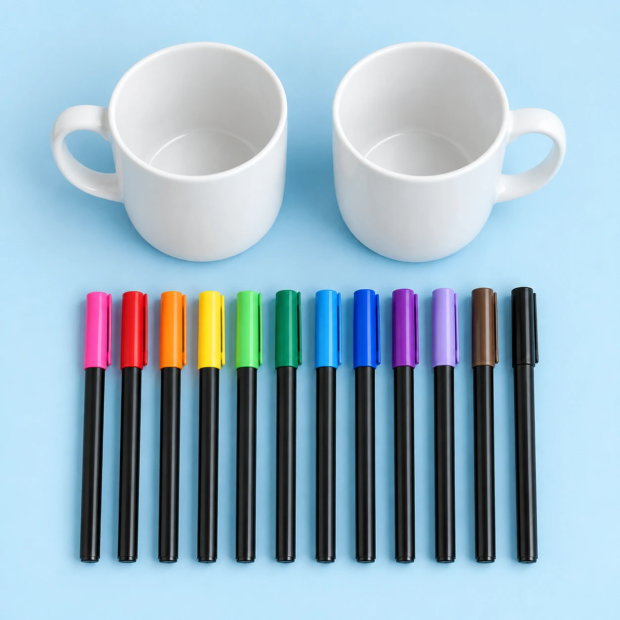 Everything in the kit: two mugs and twelve markers