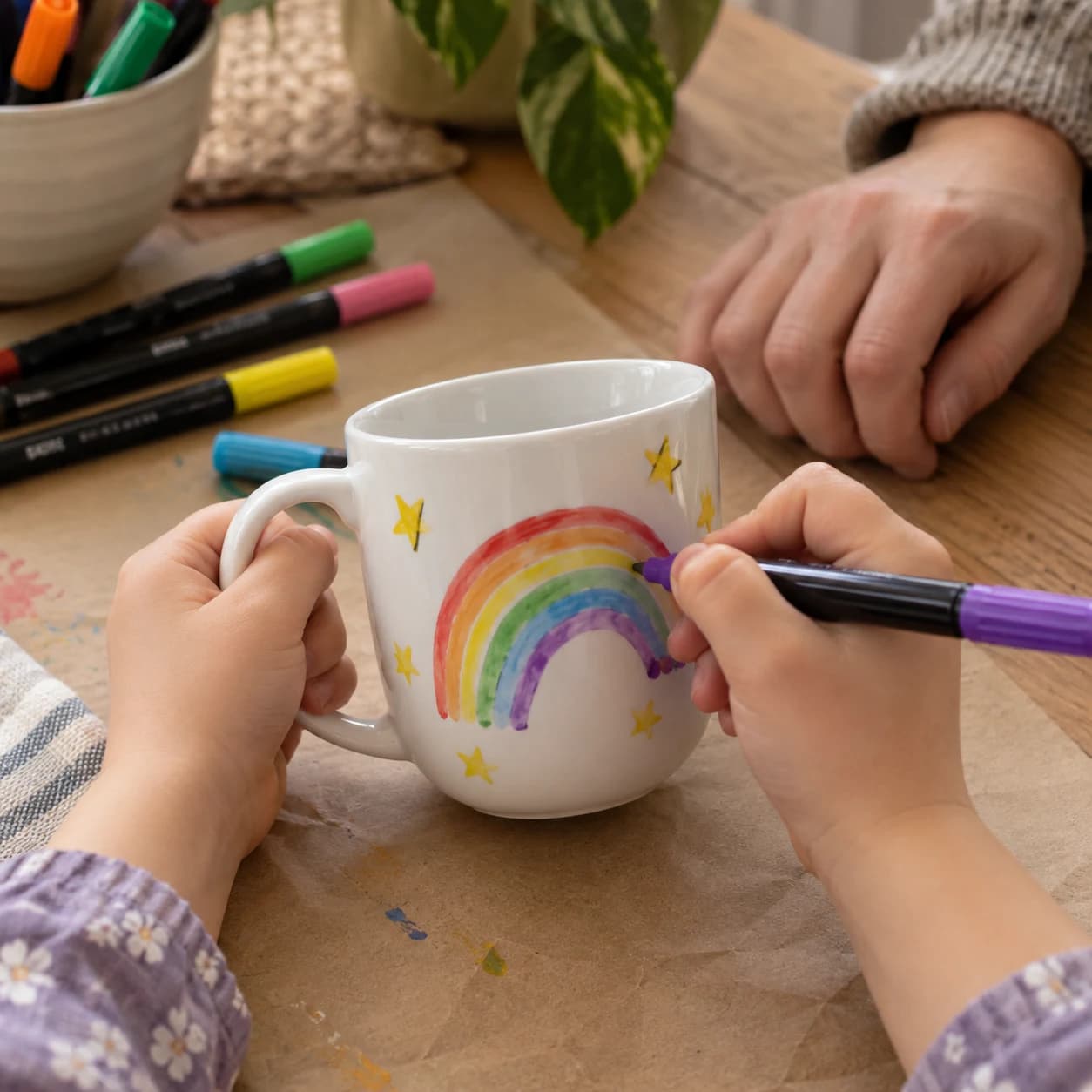 Little hands drawing a rainbow on a mug