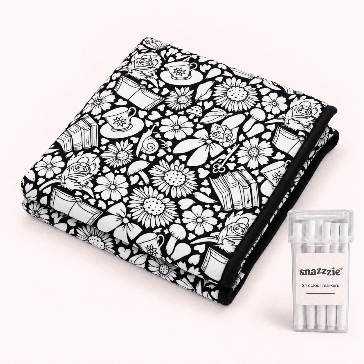 Bookish black-and-white coloring blanket with a case of 24 markers