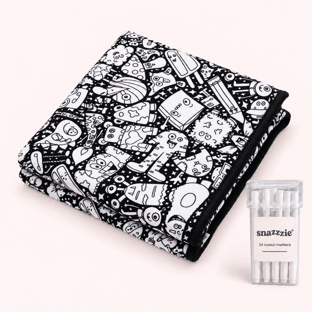 Doodle Club black-and-white coloring blanket with a case of 24 markers