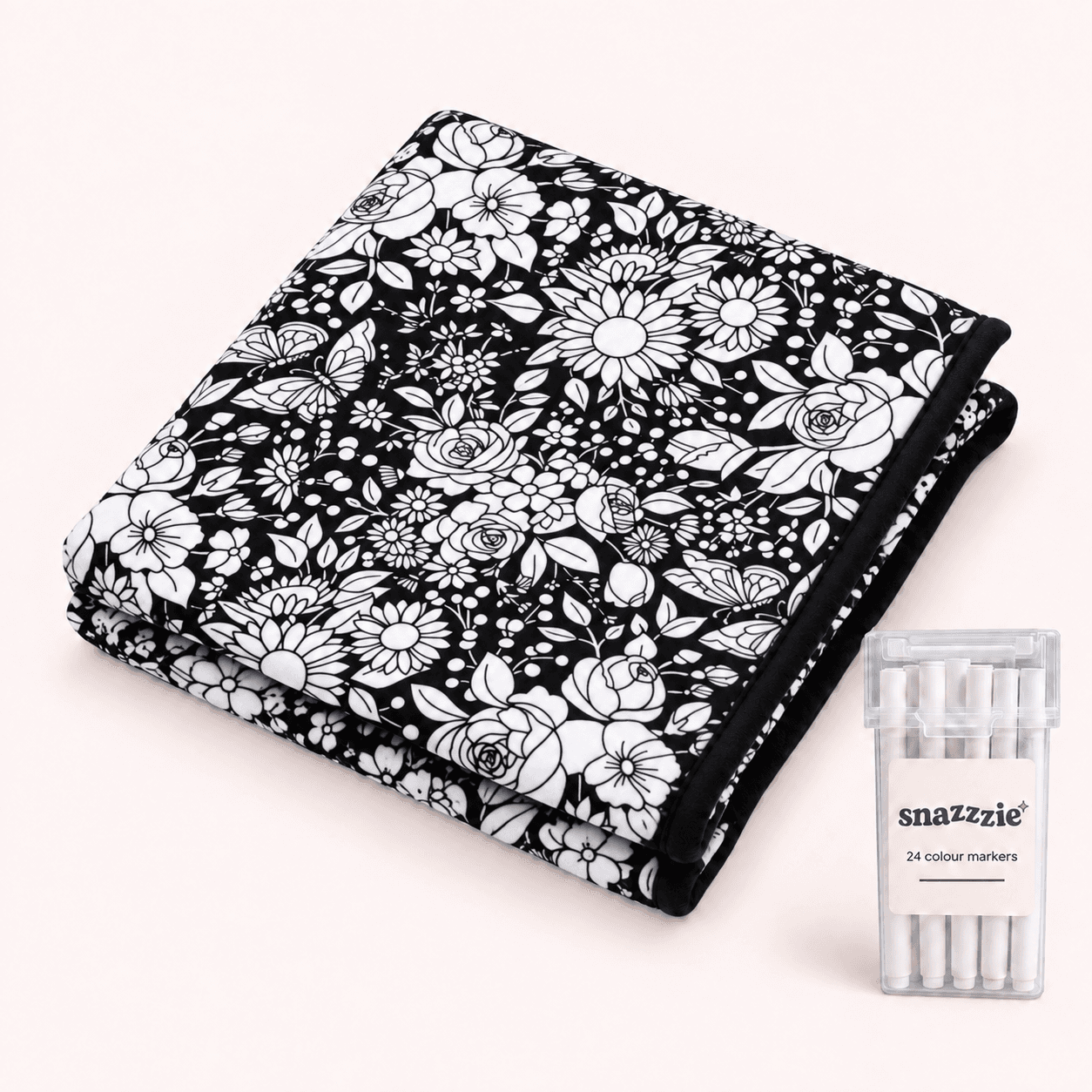 Flower Power black-and-white coloring blanket with a case of 24 markers