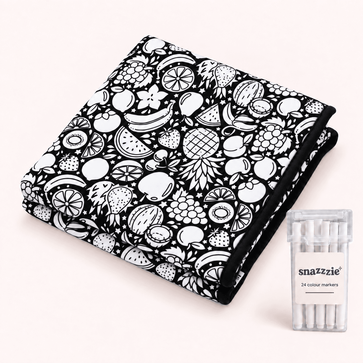 Fruit Salad black-and-white coloring blanket with a case of 24 markers