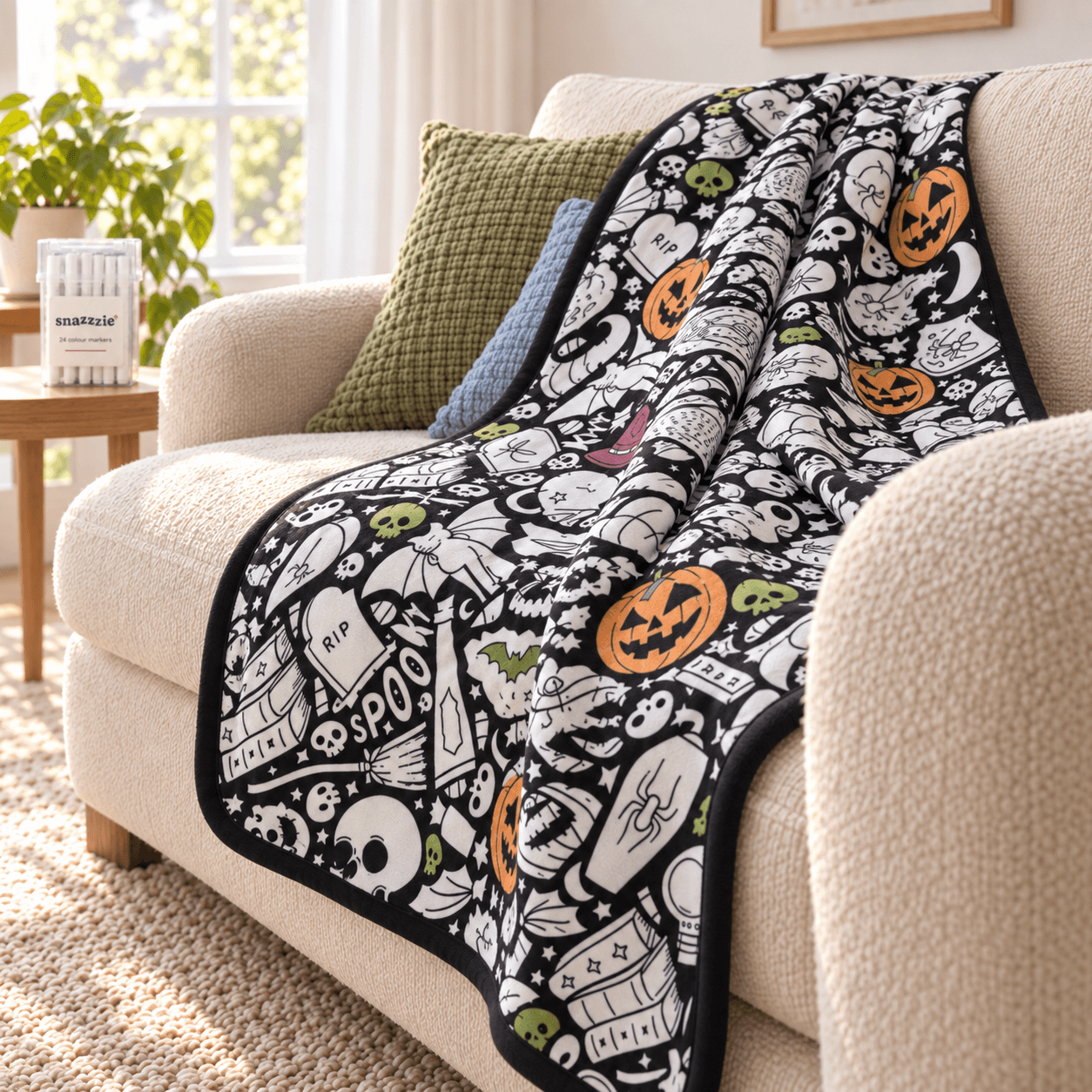 Partly coloured Spooky Season coloring blanket on a sofa beside its case of 24 markers