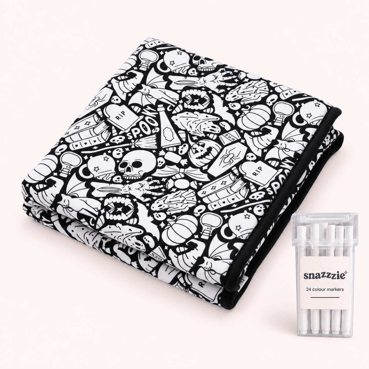 Spooky Season black-and-white coloring blanket with a case of 24 markers